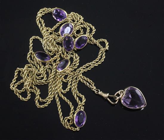 An early 20th century gold and amethyst set guard chain, 126cm.